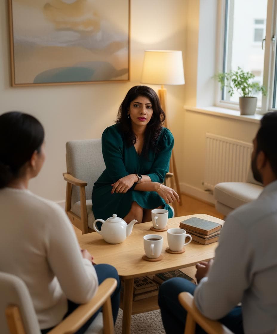 Sachskita Datadin in gesprek met een koppel tijdens een rustgegevende sessie met een paar kopjes thee.